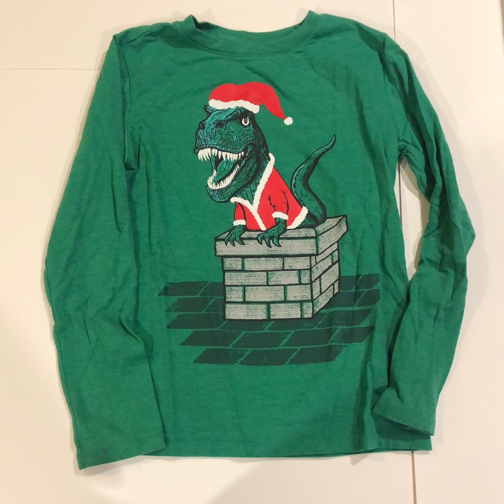 Cat & Jack Green Red Christmas Santa Dinosaur Long Sleeve Shirt Size 8/10